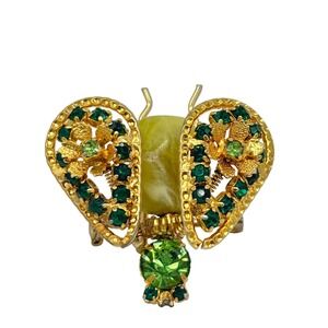 VTG 60s Schreider-esque Trembler Wing Gold-Tone Insect Brooch Green Rhinestones